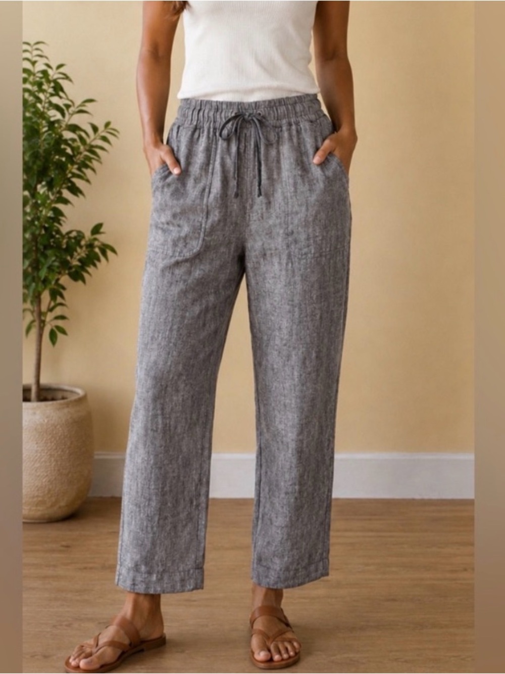 Athleta 100% Linen Charcoal Drawstring Straight-Leg Pants, 10